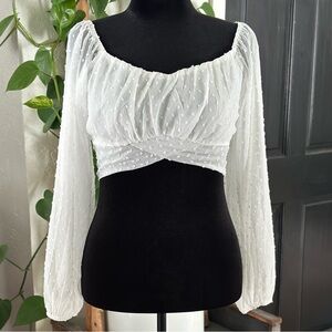 Windsor Milkmaid Crop Top White Sheer Balloon Sleeve Swiss Dot Tie Back Ethereal